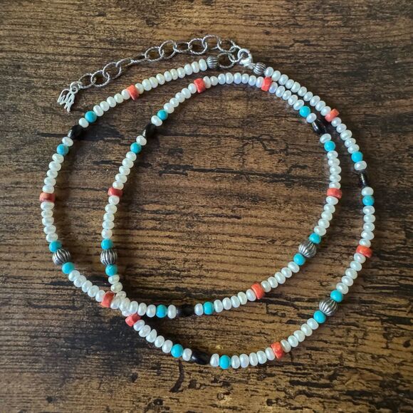 Vintage Carolyn Pollack Pearl Necklace Red Coral Turquoise American West 24" - Picture 5 of 14